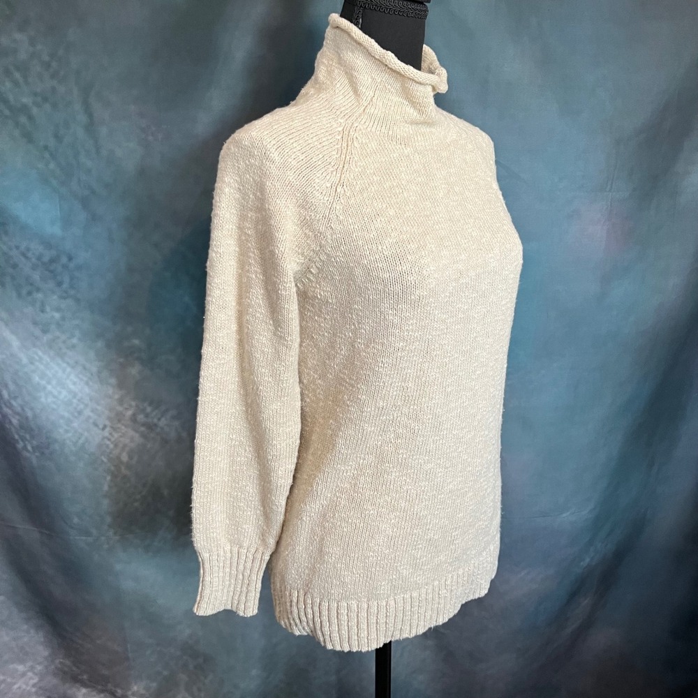 LL Bean Womens Cream Cotton Knit Rollneck Turtleneck Sweater Raglan Sleeve Small - Picture 3 of 6